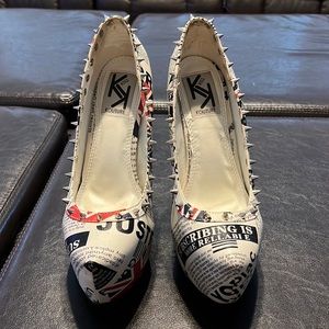 London News Print Spiked Heels